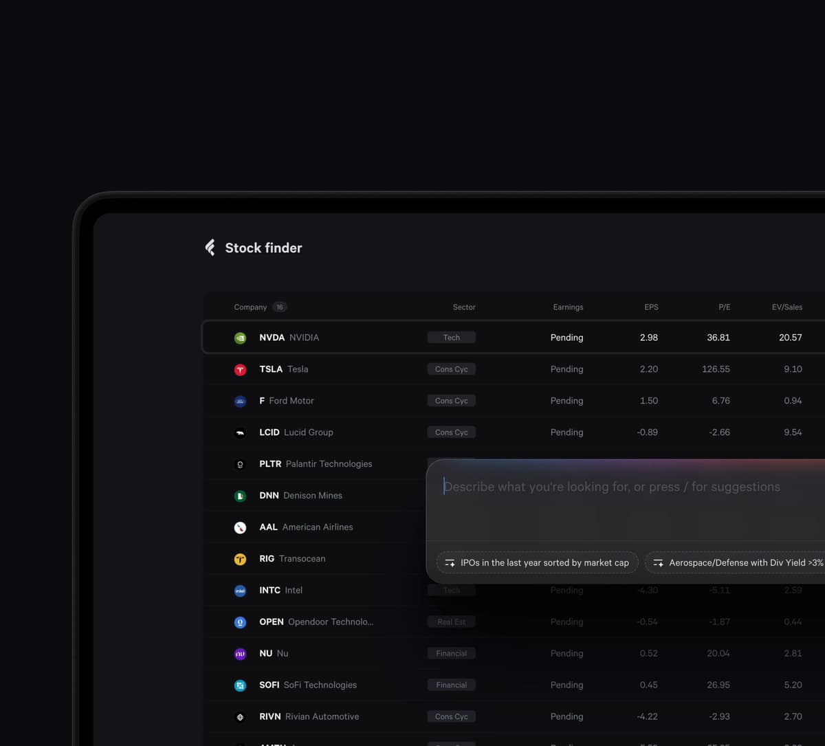 Fey Finder interface, showcasing a simple natural language input for stock screening.