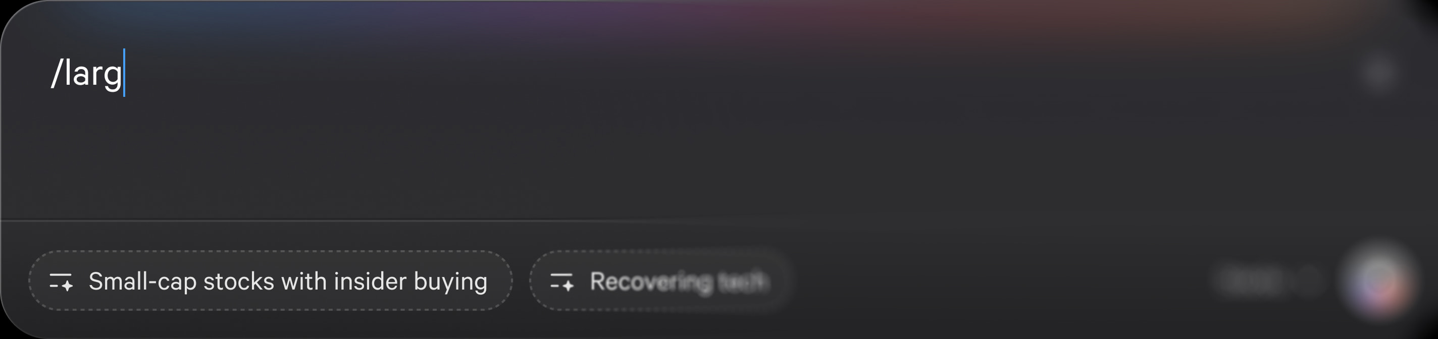 Fey Finder input field with a typed slash command, ready to explore suggested stock screening ideas.