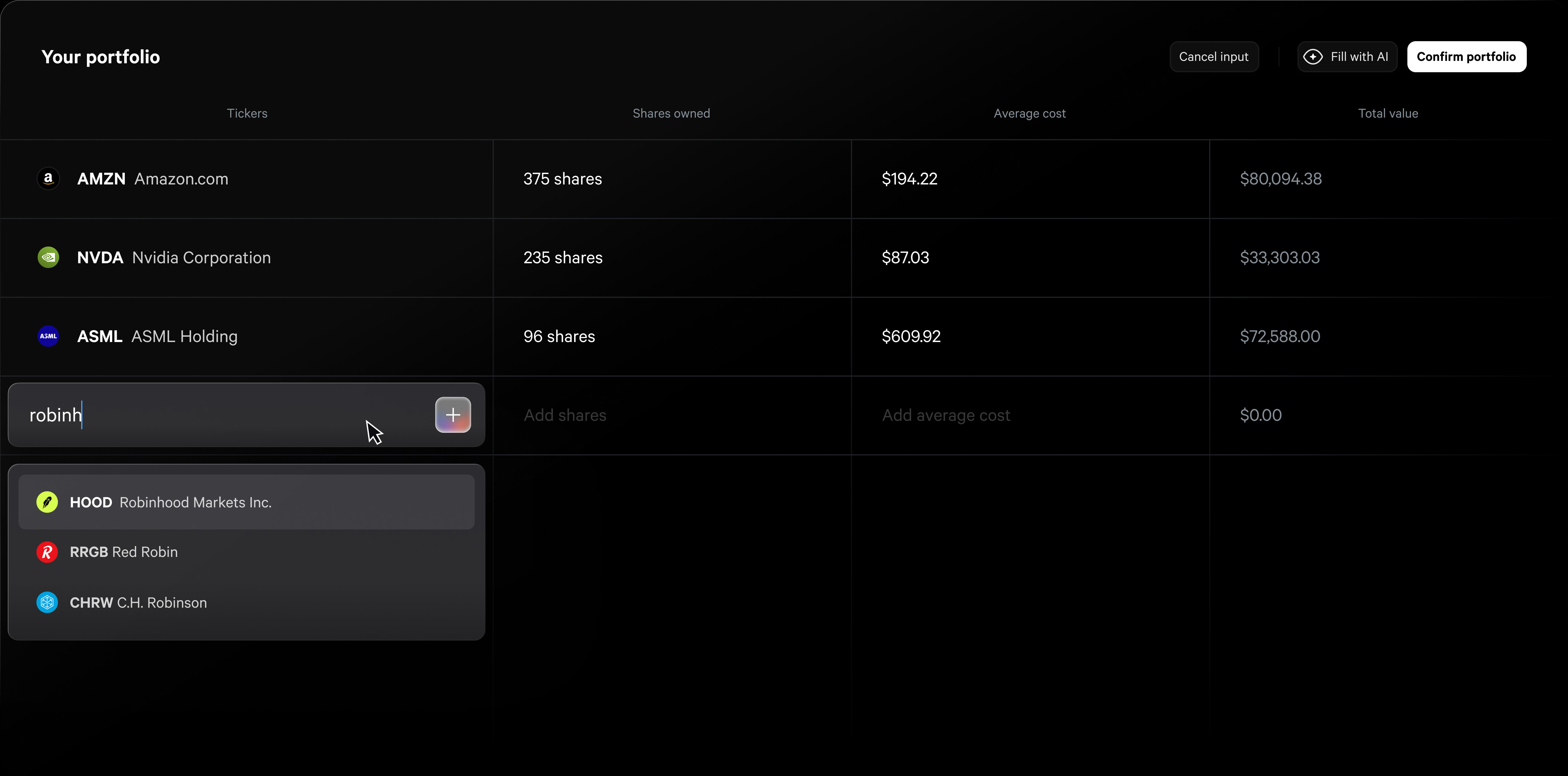 Screenshot showing manual portfolio entry interface with position input fields
