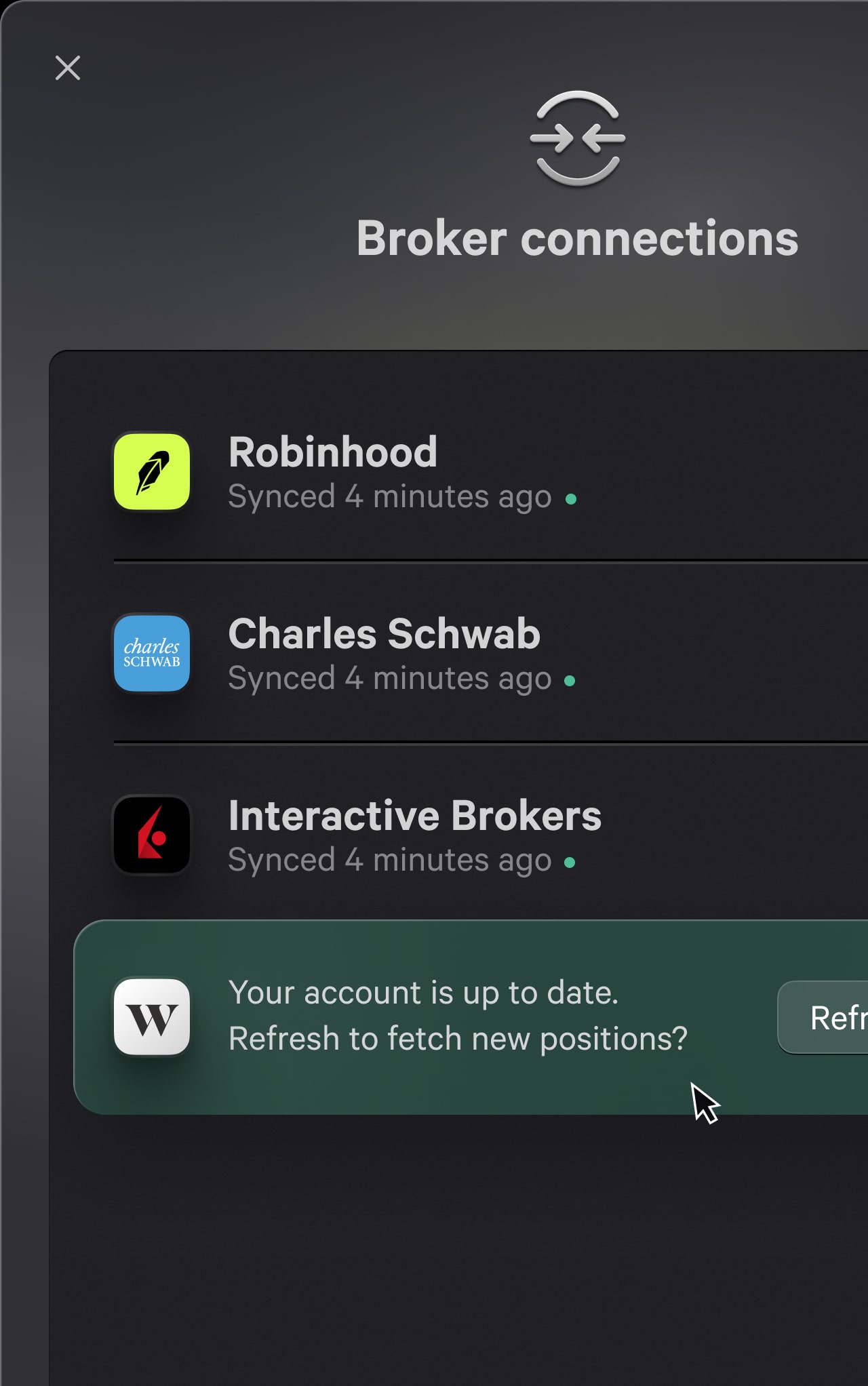 Fey portfolio broker connections interface showing multiple connected accounts