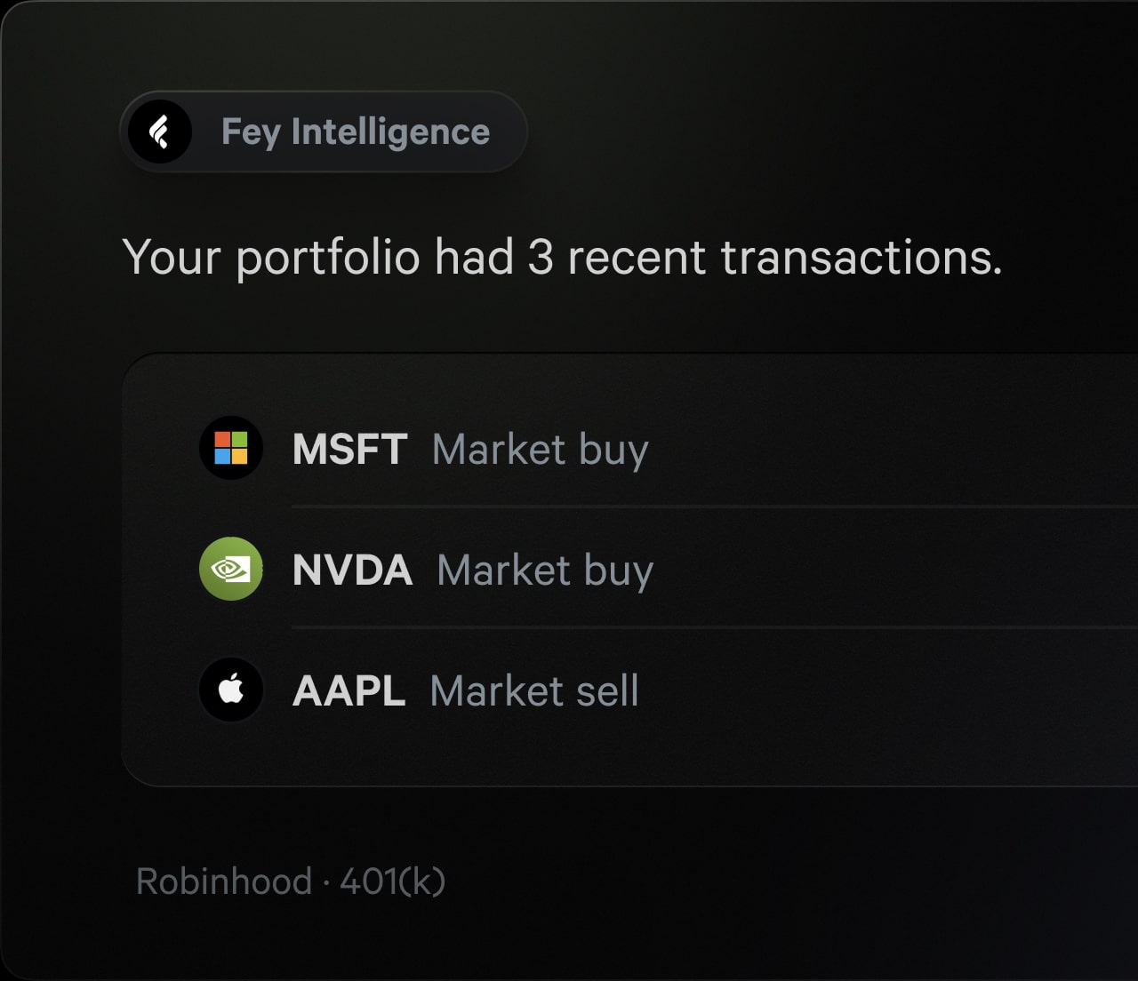 Fey portfolio transaction feed showing recent activity cards